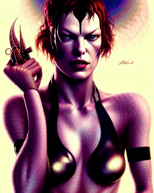Image similar to a portrait of milla jovovich as leeloo fantasy character portrait, ultra realistic, cinematic, concept art, wide angle, intricate details, hologram, highly detailed by greg rutkowski, aaron horkey, gaston bussiere, craig mullins, simon bisley, arthur rackham