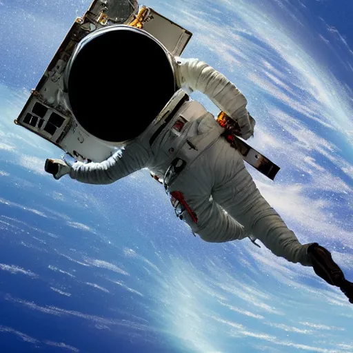 Image similar to an ultra detailed back shot photo of an astronaut falling into a black hole