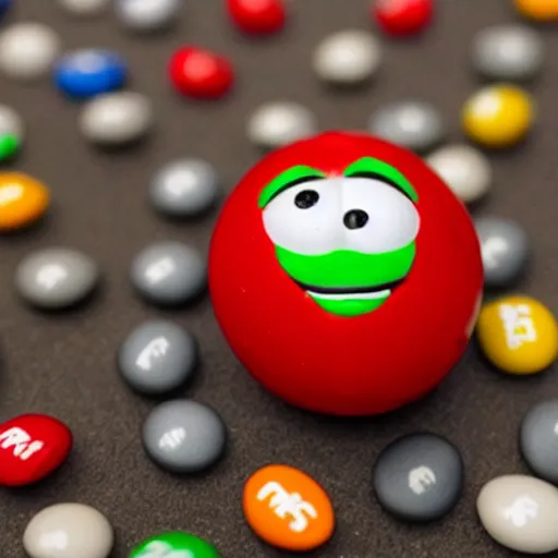 Prompt: photo of the red m & m character with the face of borat