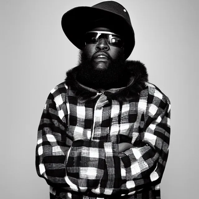 Image similar to a close-up black-and-white studio portrait of MF Doom wearing a plaid ushanka hat