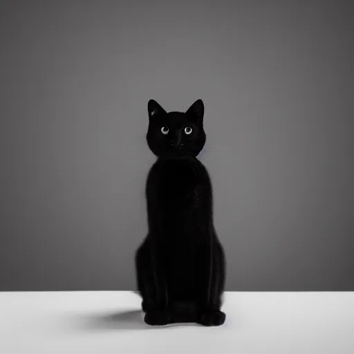 Prompt: national geographic photograph of a scheming black cat sitting in a white room