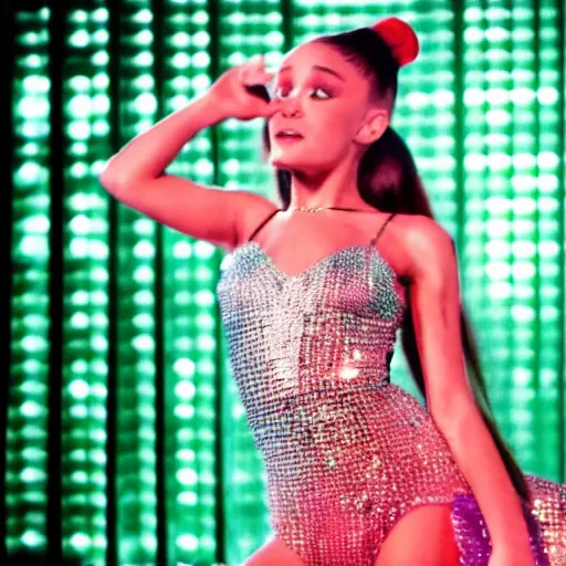 Image similar to cinematic movie still of ariana grande as a 1 9 7 0 s disco queen, 8 k hdr, action shot, movie still, hazy vibes, acid trip, fear and loathing