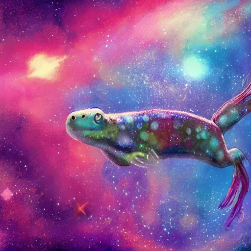 Prompt: a multicoloured axolotl floating in a beautiful galaxy of stars and nebula, sci - fi, realistic, intricate, traditional media, high detail, artstation, 8 k resolutio