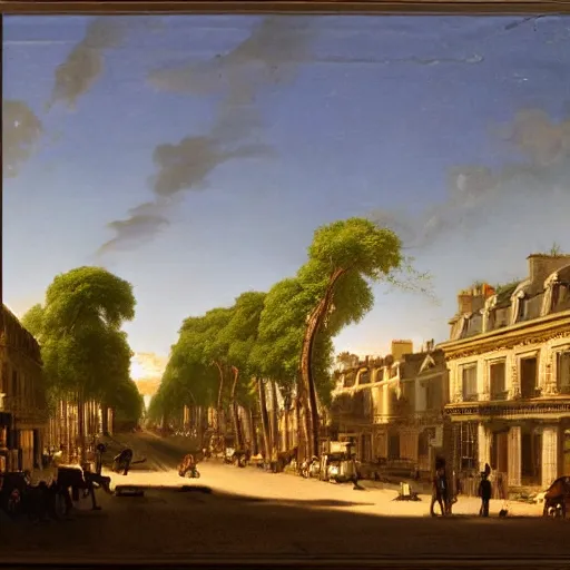 Image similar to 1750 street of Paris with Diplodocus and T-Rex, in the style of the Hudson River School