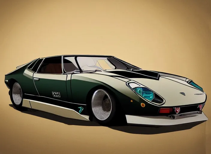 Prompt: a blending, amalgamation and detailed combination of a lamborghini countach, datsun 2 6 0 z and a jaguar e - type, concept art, round headlights, long front end, 8 k, highly detailed, trending on art station, dramatic lighting