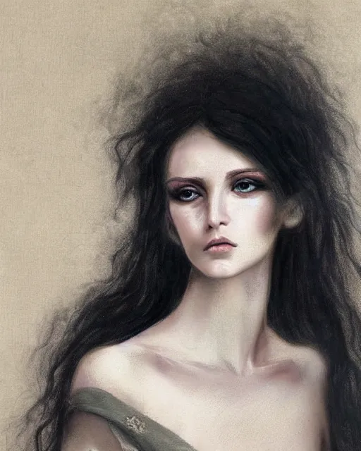 Prompt: a beautiful and eerie baroque painting of a gorgeous young woman from vampire the masquerade bloodlines, with wild hair and haunted eyes, 1 9 7 0 s, afternoon light, delicate embellishments, painterly