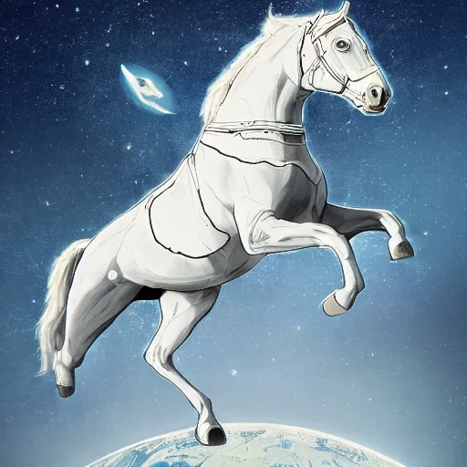 Prompt: illustration split in the middle horse on the top part astronaut on the bottom part astronaut beneath to horse beautiful, high detailed, illustration artstation, shaped picture, sci - fi, futuristic