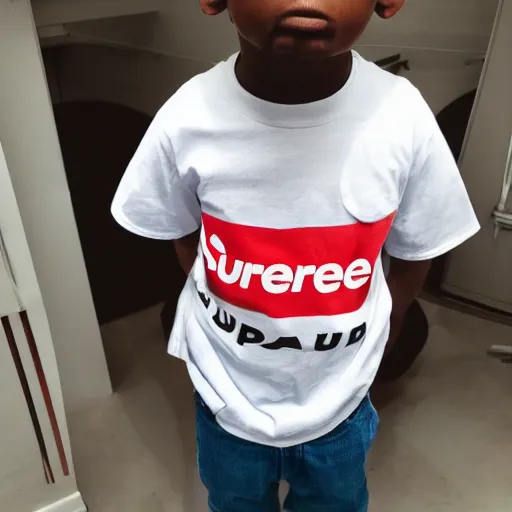 Image similar to short kid wearing a supreme shirt, detailed, studio