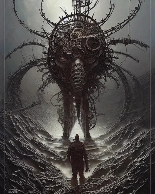 Image similar to rage against the machine band made out of machine parts, concept art, intricate details, highly detailed by greg rutkowski, michael whelan and gustave dore