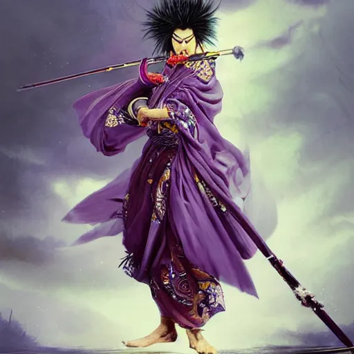 Image similar to an epic portrait of insane kabuki male wielding a spear covered in a distorting aura, intricate purple hakama, poofy red wig, eerie, highly detailed, dark fantasy, shallow depth of field, art by artgerm and greg rutkowski