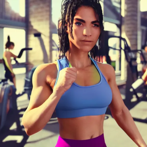 Image similar to still of woman working out, disney, comic book style, gym, highly detailed, 16k resolution, octane renderer, coherent