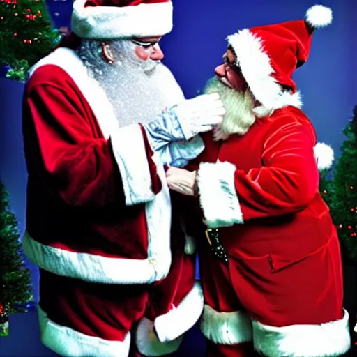 Prompt: a photograph of a fox meeting santa claus