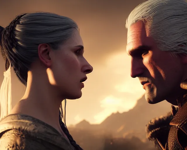 Image similar to 5 5 mm portrait photo of geralt arguing with yennefer of vengerberg. magical atmosphere. art by greg rutkowski. highly detailed 8 k. intricate. lifelike. soft light. nikon d 8 5 0.