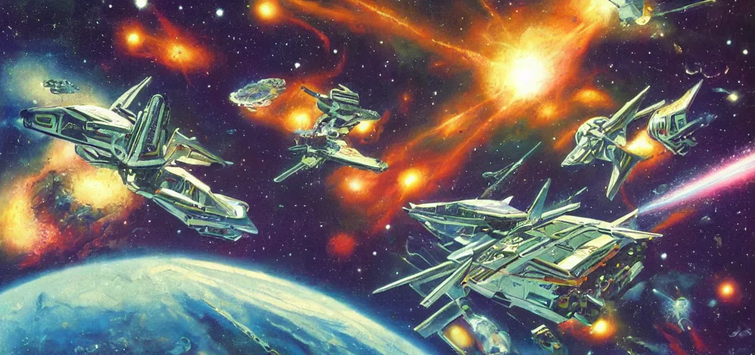 Prompt: a giant starship mothership surrounded by a spaceship battle across the oil painted nebula, lasers in mid flight, by chris foss, syd mead, ralph mcquarie, art station, high detail, award winning, psychedelic and glittering, cinematic composition