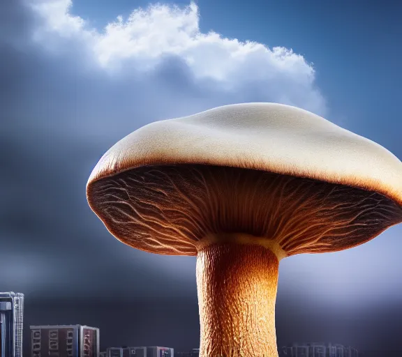 Image similar to a giant mushroom that stretches above the clouds with buildings inside the cap. highly detailed 8 k. intricate. lifelike. soft light. nikon d 8 5 0. cinematic post - processing