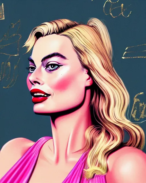 Image similar to closeup portrait beautiful seductive margot robbie with long windblown hair in a gold party dress in standing on a street in chinatown, pink lipstick, glamour pose, detailed illustration, digital art, trending on artstation, arney freytag, frank miller, moebius, graffiti, gta v,