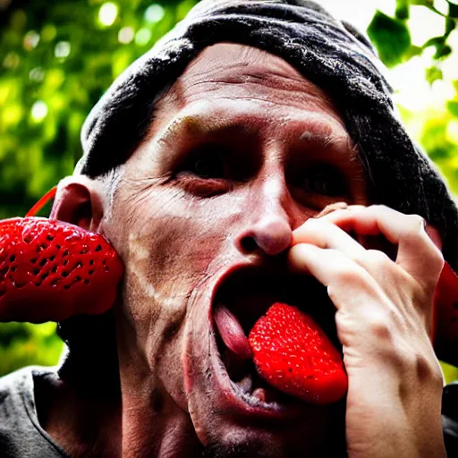 Prompt: a man with a long nose, eating fruits, maniac, crazy, midshot, camera photography, award winning, realistic