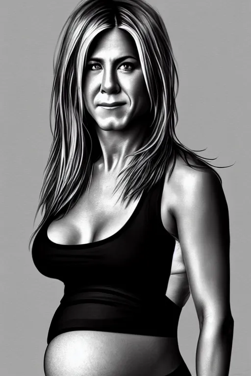 Prompt: pregnant jennifer aniston in a black tank top, realistic portrait, symmetrical, highly detailed, digital painting, artstation, concept art, smooth, sharp focus, illustration, cinematic lighting, art by artgerm and greg rutkowski and alphonse mucha
