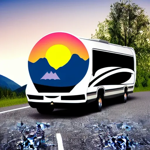 Image similar to logo, white and black cute thor chateau motorhome camper, highway, mountains and sunset!!, everything enclosed in a circle, happy, professional colorful logo illustration