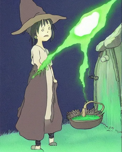 Image similar to a witch brewing a green glowing potion, concept art by studio ghibli, cute, anime : : artstyle of spirited away