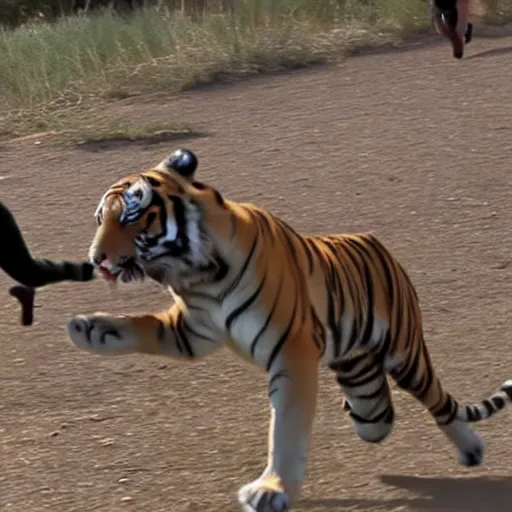 Image similar to screenshot of go pro footage from front view emma watson running in front of tiger