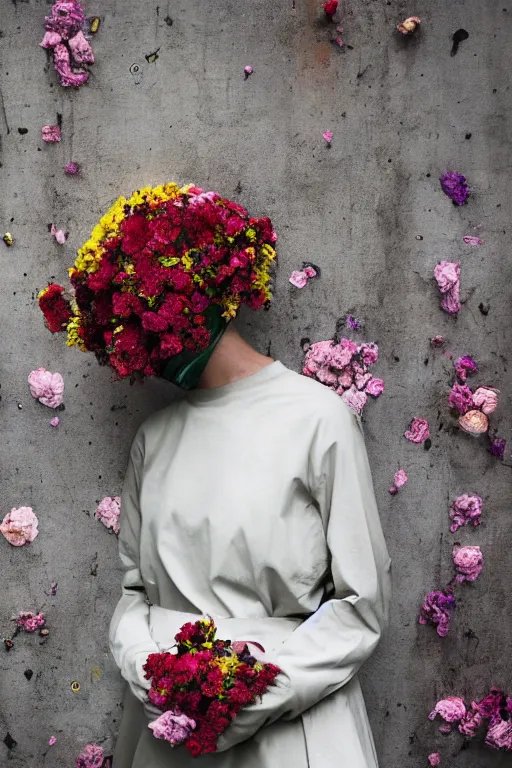 Image similar to a surreal portrait of a woman wearing gas mask melting into a wall of flowers in the style of brooke didonato, editorial fashion photography from vogue magazine, full shot, nikon d 8 1 0, ƒ / 2. 5, focal length : 8 5. 0 mm, exposure time : 1 / 8 0 0, iso : 2 0 0