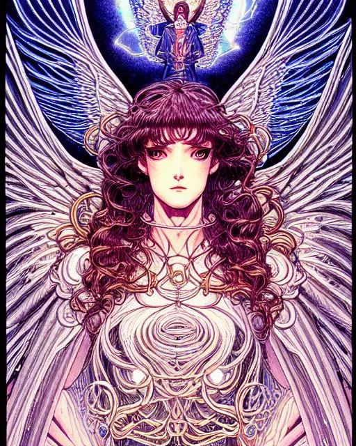 Image similar to hyper detailed illustration of an angel made of light, very holy, intricate linework, lighting poster by moebius, ayami kojima, 90's anime, retro fantasy