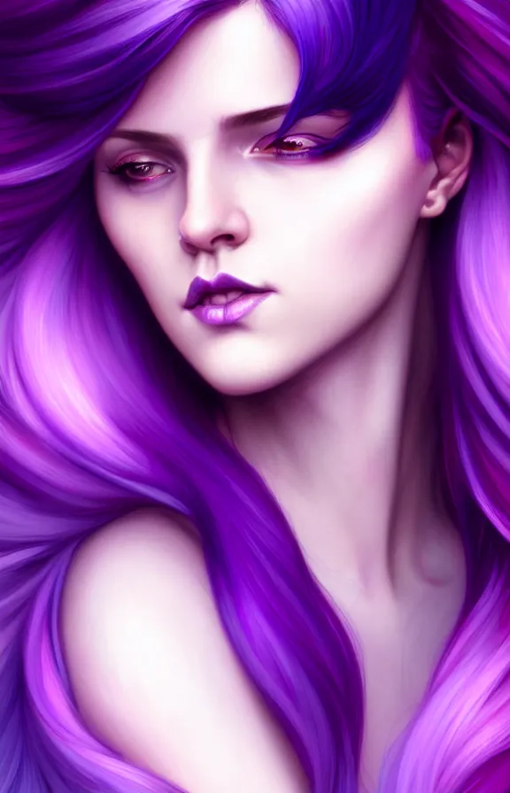 Image similar to Purple hair relistic Portrait of a woman with bright colored flying hair, all shades of purple. Beauty face, Hair coloring, fantasy, intricate, elegant, highly detailed, digital painting, artstation, concept art, smooth, sharp focus, illustration, art by artgerm and greg rutkowski and alphonse mucha