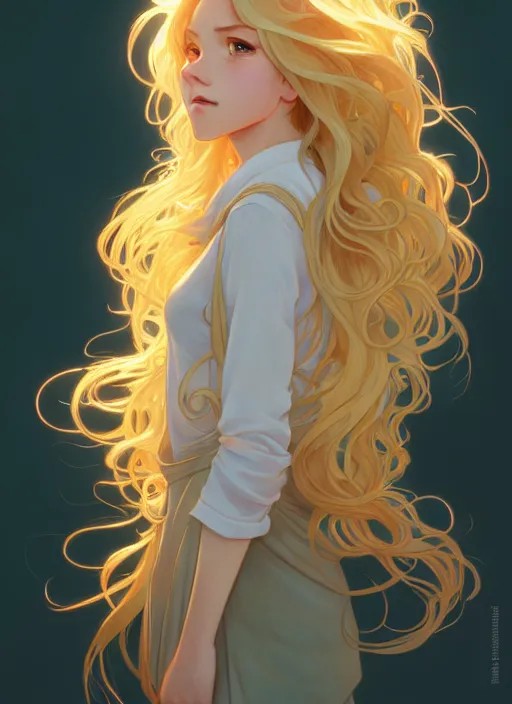 Image similar to young woman with medium - length, curly, golden hair, aquamarine eyes, natural lighting, path traced, highly detailed, high quality, cartoon, digital painting, by new haicheng and ross tran and studio ghibli and alphonse mucha