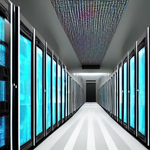 Prompt: a data center hallway, cybercore, cinematic photography