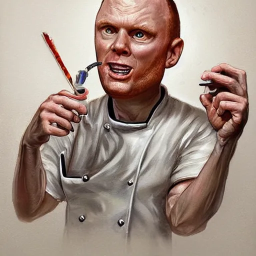 Image similar to an insanely detailed painting of bill burr wearing a chef costume, staring nervously at a drunk guy brushing his teeth, in the style of peter mohrbacher, dramatic lighting and composition, trending on artstation, concept art, comic book