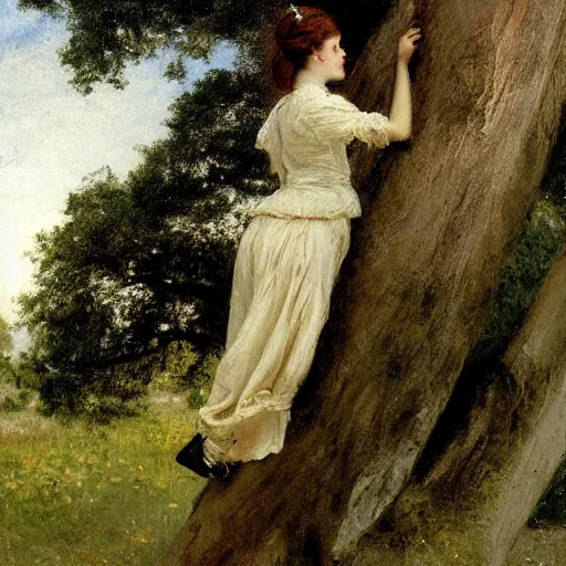 Image similar to young victorian lady climbing a tree, painted by alfred stevens