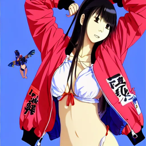 Image similar to a beautiful japanese lalisa alluring gravure model, wearing oversized designer bomber jacket and one piece bikini, bulky poofy bomber jacket with mesoamerican patterns, mesoamerican native street fashion, gapmoe yandere grimdark, trending on pixiv fanbox, painted by greg rutkowski makoto shinkai takashi takeuchi studio ghibli, akihiko yoshida