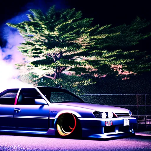 Prompt: a car JZX100 turbo drift at illegal car meet, Gunma prefecture, midnight mist lights, cinematic color, photorealistic, highly detailed wheels, highly detailed