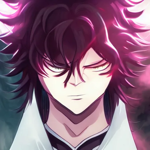 Prompt: handsome guy in demon slayer art, night, stars, wonderful, anime style, 4k , detailed, detailed face, high quality, smooth, sharp focus, beautiful scene, detailed head, light, detailed hair, dark at left side, color lines, dark neon purple