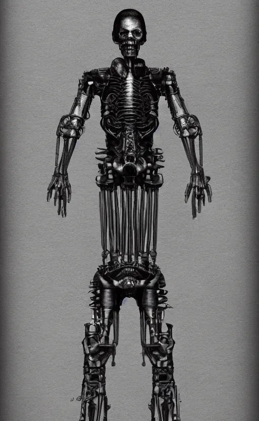 Image similar to full body portrait of terminator by wayne barlow, stanley donwood, anton semenov, zdzislaw bekinski, hr giger, 8 k, fantasy, dark, highly detailed