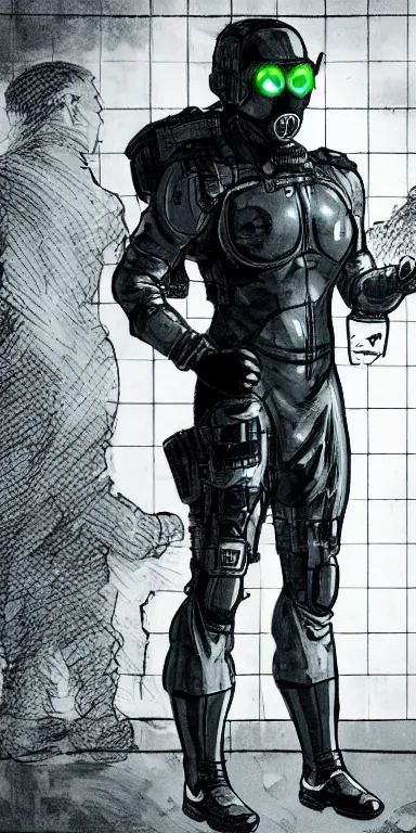 Prompt: full body cinematic shot of a male time traveling intelligence agent in a black and greyscale sealed continuity suit stepping through a time travel gateway, masculine, simple and functional with gaiter-style gas mask, a mix between splinter cell and metal gear solid by alphonse mucha