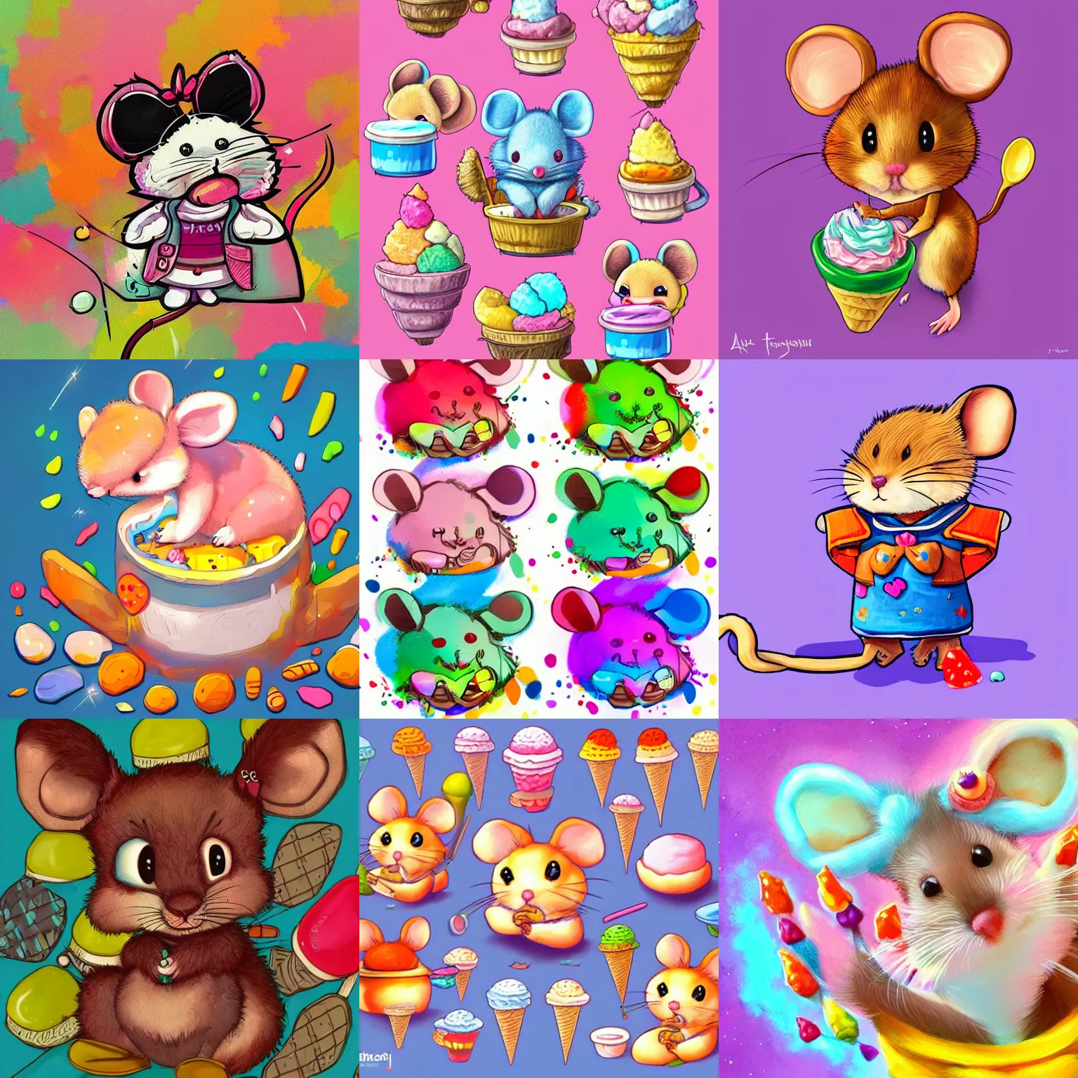 Prompt: a colorful detailed artwork of a tiny cute fluffy mouse with ice creams of many different flavors, trending on artstation