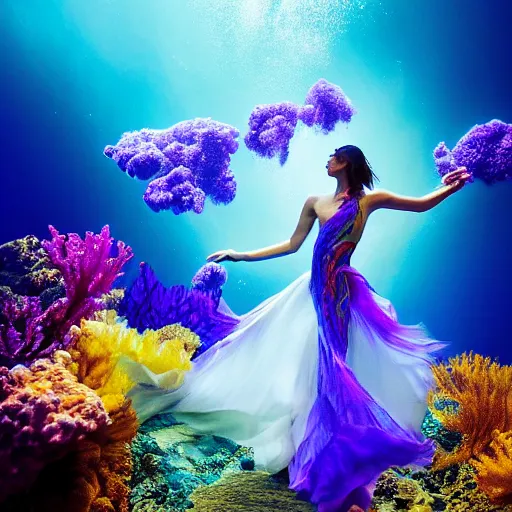 Prompt: woman dancing underwater wearing a flowing dress made of blue, magenta, and yellow seaweed, delicate coral sea bottom, swirling silver fish, swirling smoke shapes, unreal engine, caustics lighting from above, cinematic, hyperdetailed