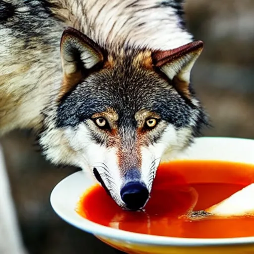 Image similar to photo of a wolf drinking licking soup