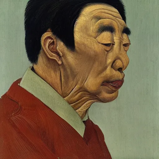 Prompt: detailed portrait of an asian man, 3 0 s, by lucian freud, francis bacon, grant wood