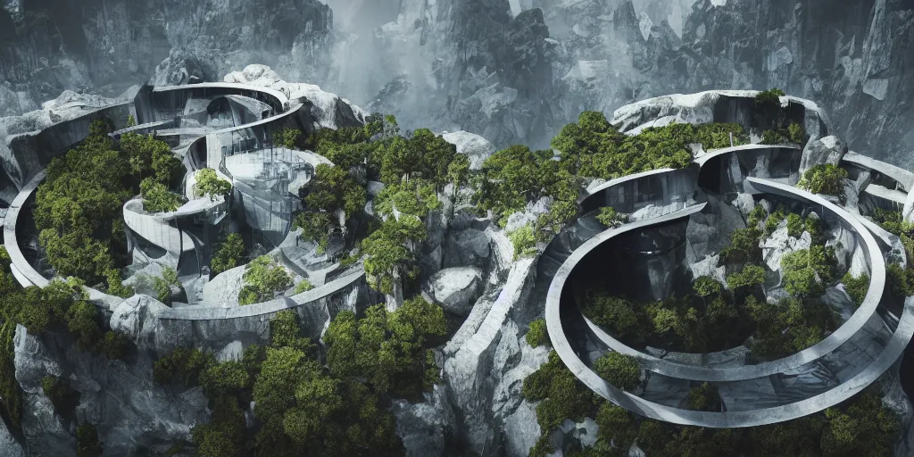 Prompt: modern brutalistic architecture build at the center of a huge vertical ringed shaped mountain with forest on the top in the center of the ocean, unreal 5, hyper realistic, realistic, photorealistic, dynamic lighting, highly detailed, cinematic landscape, studio landscape, studio lighting