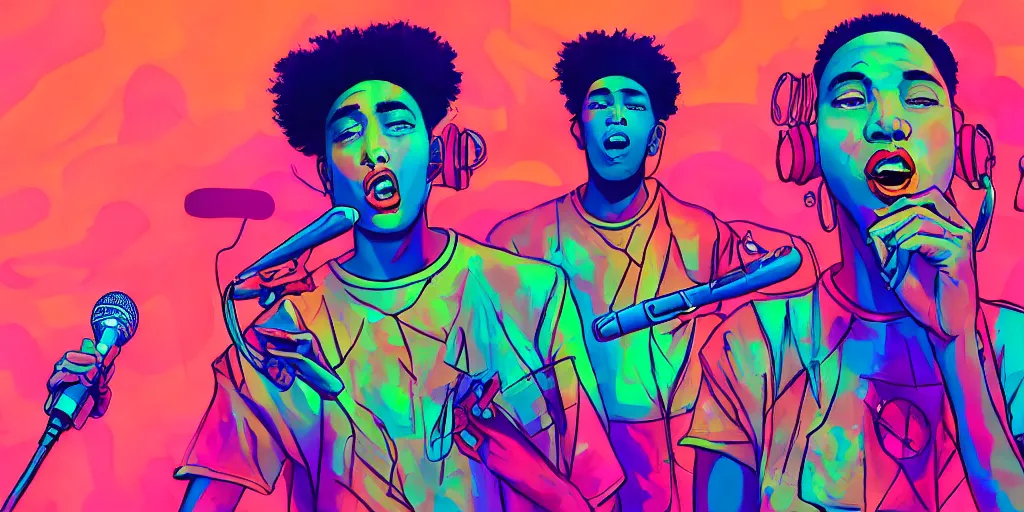 Prompt: multiracial friends rapping with microphone in living room, epic poses, distinct figures, digital art, vaporwave light show, psychedelic, diverse representation, surreal, hip hop, trending on Artstation, professional artist, detailed, 4k