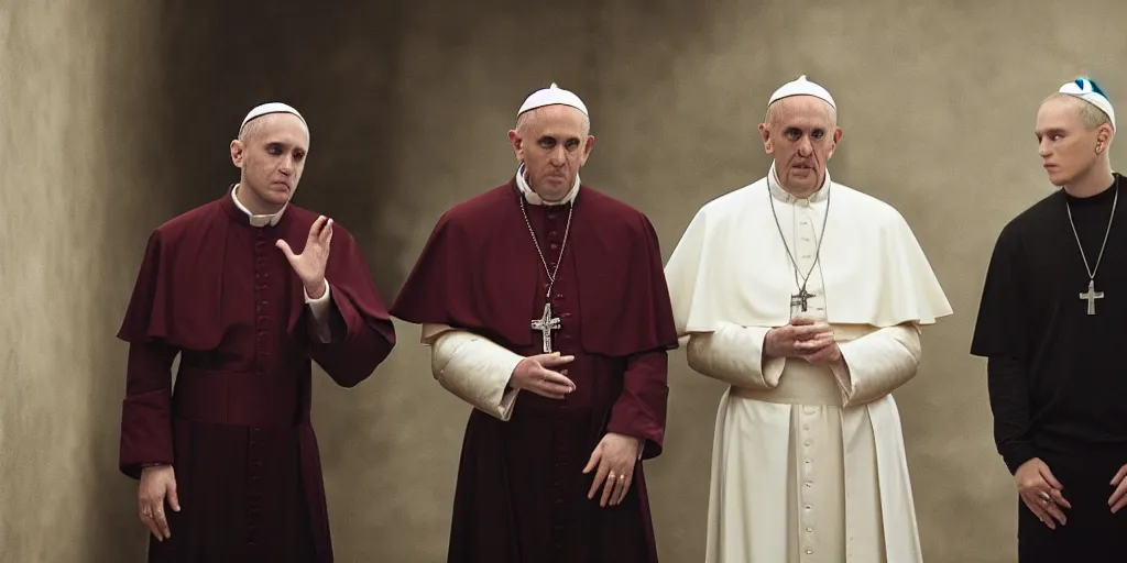 Prompt: film frame of the pope and eminem doing a rap freestyle 4 k quality rule of thirds eminem's face detail cinematic color grading by christopher nolan