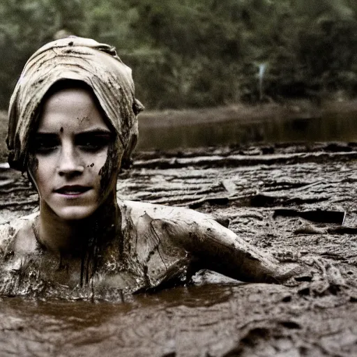 Image similar to emma watson rising out of muddy vietnam river, face covered in mud, low camera angle at water level, night time, film still from apocalypse now ( 1 9 7 9 ), 2 6 mm,