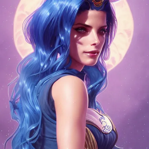 Image similar to Ashley Greene with blue hair as Sailor Moon, western, D&D, fantasy, intricate, elegant, highly detailed, digital painting, artstation, concept art, matte, sharp focus, illustration, art by Artgerm and Greg Rutkowski and Alphonse Mucha