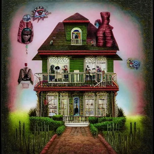 Prompt: a house with many rooms , lowbrow surrealistic, in the style of Mark Ryden,