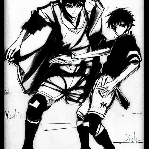 Image similar to a manga sketch of two boys playing cyberpunk soccer, black and white, pencil sketch, in the style of yoji shinkawa and takehiko inoue