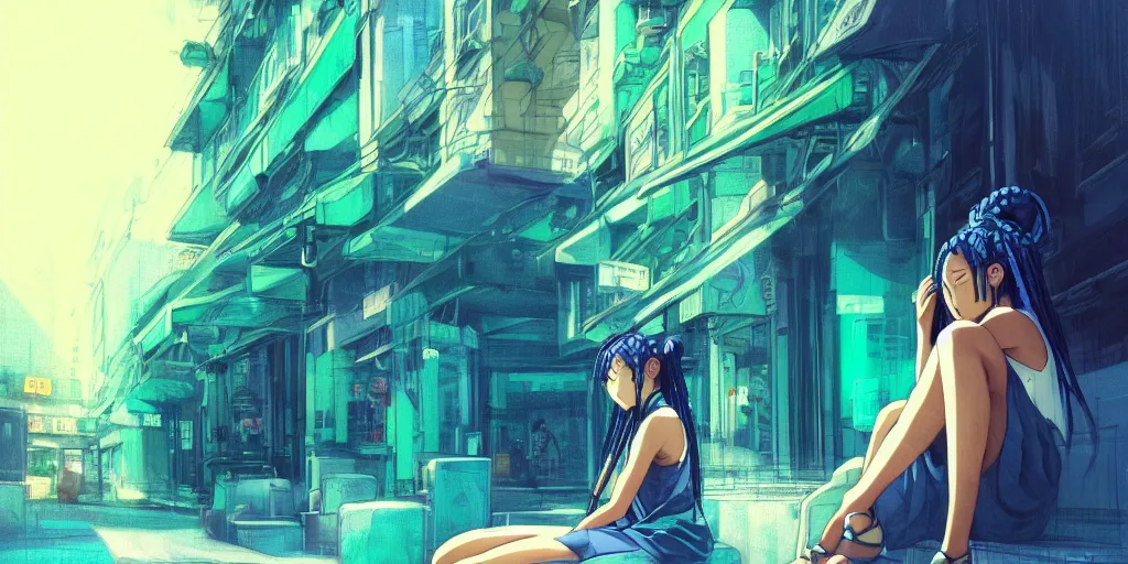 Prompt: concept art, pretty girl sitting on street, braids blue and green, singular, junichi higashi, isamu imakake, intricate, balance, ultra detailed, full far frontal portrait, volumetric lighting, cinematic lighting + masterpiece,