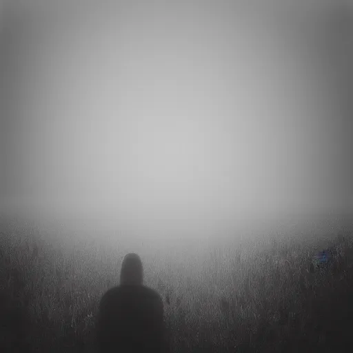 Image similar to old black and white photo of a giant humanoid figure floating in the distance, foggy, surreal, creepy, horror, scary,